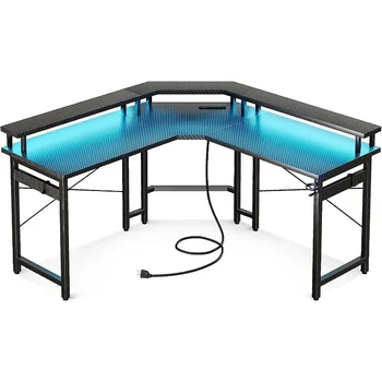 Игровой стол DUTRIEUX со светодиодной подсветкой и розетками Питания, 51-дюймовый Компьютерный стол с подставкой для монитора, Черное углеродное волокно - Изображение 1  