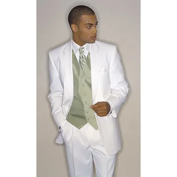 Белые мужские костюмы, блейзер, повседневные однобортные официальные платья для свадебных вечеринок с остроконечными лацканами, куртка, брюки, жилет из 3 предметов, сшитые на заказ - Изображение 1  