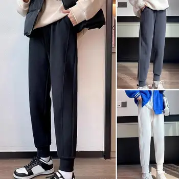 Элегантные широкие брюки, уютные плюшевые зимние спортивные брюки с эластичными карманами на талии для женщин, мягкие теплые спортивные брюки с окаймлением по щиколотку - Изображение 1  