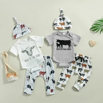Комплекты летней одежды для новорожденных мальчиков 0-18 м, комбинезон с короткими рукавами и принтом крупного рогатого скота, боди + Длинные брюки + Шляпы, Повседневная одежда Todder - Изображение 1  