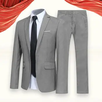 1 Комплект мужской куртки и брюк, однотонный деловой костюм с отложным воротником, приталенный комплект, плюс размер, блейзер для жениха, брюки для свадебного офиса - Изображение 1  