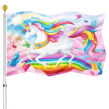 Радужные флаги с единорогом, Мультяшный Яркий цветной садовый флаг для внутреннего и наружного декора, полиэстер с латунной петлицей, подарок для женщин и детей - Изображение 1  