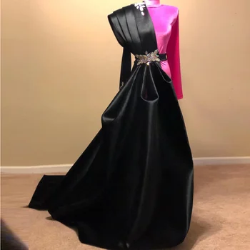 Элегантное черное платье для выпускного вечера из ближневосточного арабского атласа с высоким воротом и длинным рукавом длиной до пола в Дубае, вечерние платья Paty для женщин - Изображение 1  