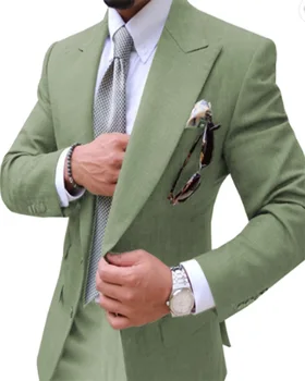 2022 Модный Дизайн Мужские Костюмы С Отворотом Травы Зеленое Пальто Блейзер Деловой Мужской Костюм Свадебный Мужской Костюм 2шт Куртка + Брюки + Галстук - Изображение 1  