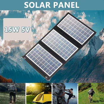 Складная солнечная панель 5 В 15 Вт, Комплект зарядного устройства с двумя USB, Полный блок питания, смартфон, Портативный складной перезаряжаемый кемпинг - Изображение 1  
