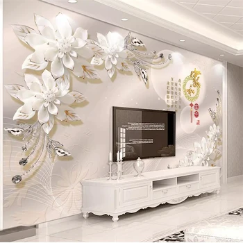 обои beibehang на заказ, большие 3D-фотограф-граферы и насыщенный белый фарфоровый цветок, украшения с бриллиантами, фоновая настенная роспись - Изображение 1  
