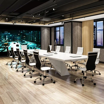 Сочетание белого минималистичного современного большого офисного стола для совещаний и стула - Изображение 1  