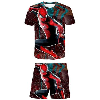 Комплекты одежды Disney с Человеком-пауком для мальчиков и девочек, детская одежда, летние спортивные костюмы с короткими рукавами, футболки и короткие штаны, костюмы, костюмы - Изображение 1  