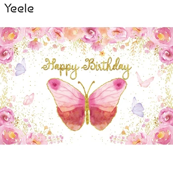 Фон для дня рождения маленькой девочки Yeele, бабочки, цветы, золотые точки, декор для вечеринки, фотографии для фотосессии в фотостудии, реквизит - Изображение 1  
