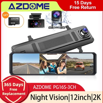 AZDOME PG16S-3CH Автомобильный Зеркальный Рекордер 3-Канальные Камеры 2K Спереди 1080P Сзади Салона GPS 12-дюймовый Сенсорный Экран Регистратора Ночного Видения - Изображение 1  