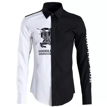 Новая модная мужская рубашка в европейском и американском стиле, черно-белая контрастного цвета, тонкая повседневная рубашка с длинными рукавами - Изображение 1  