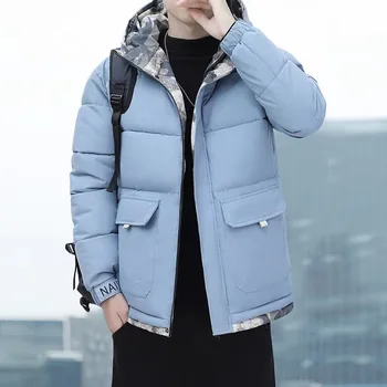Зимняя однотонная куртка, мужская хлопчатобумажная куртка, пуховая хлопчатобумажная куртка, модная уличная одежда, утолщенная мужская теплая хлопчатобумажная куртка - Изображение 1  