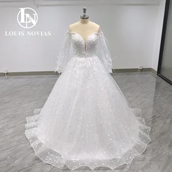 Свадебные платья трапециевидной формы LOUIS NOVIAS для женщин 2023, Свадебное платье с пышными рукавами и перьями, расшитое блестками, Vestidos De Novia - Изображение 1  
