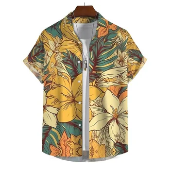 Гавайские рубашки с цветочным 3D-принтом для мужчин, летняя модная однобортная блузка с коротким рукавом, праздничные пляжные топы, одежда в стиле харадзюку - Изображение 1  