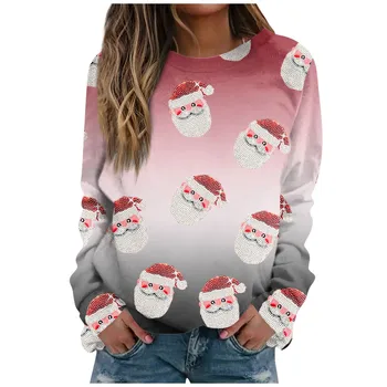 Рождественские футболки с длинным рукавом, зимняя женская толстовка с принтом Санта-Клауса, футболки с круглым вырезом, негабаритная уличная одежда - Изображение 1  