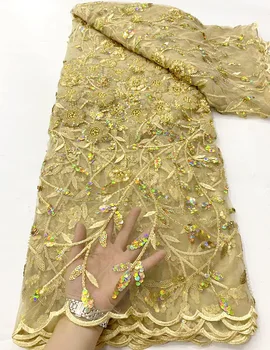 Кружевные ткани с золотыми 3D цветами и блестками, роскошные бусины ручной работы, кружева для новобрачных, Африканский Французский тюль, сетчатая кружевная ткань. - Изображение 1  