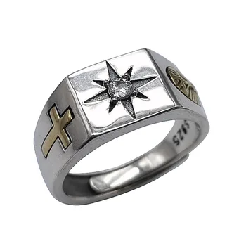BOCAI 2021 Новые Серебряные украшения Real Pure S925 в стиле ретро с крестом и звездой, модное и простое индивидуальное Мужское кольцо - Изображение 1  