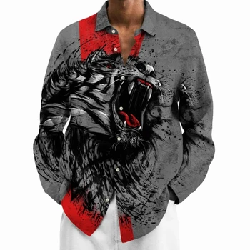 Осенние рубашки для мужчин с 3D животным принтом, высококачественная мужская одежда, уличная дизайнерская рубашка с длинными рукавами, свободные толстовки оверсайз - Изображение 1  