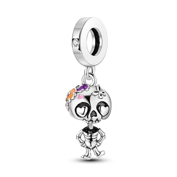Модный браслет Pandora из стерлингового серебра S925 пробы с милым танцевальным бантом в виде черепа и Сердца, подходящий для женских аксессуаров на Хэллоуин - Изображение 1  