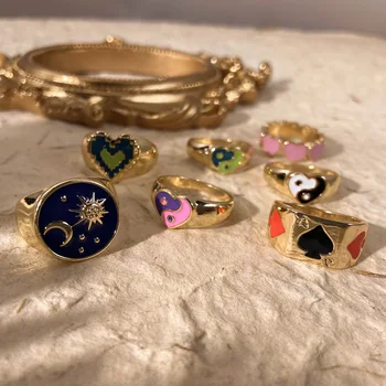 Милые кольца с эмалью в виде сердечек для женщин, Модное кольцо с капающим маслом, кольца для девочек с розовым дизайном, кольца с планетой, пара ювелирных изделий, подарки, мода - Изображение 1  