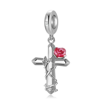 Аутентичный европейский Браслет из стерлингового серебра S925 Пробы с подвеской в виде цветка Розы и креста для оригинальных женских браслетов, ожерелий и цепочек - Изображение 1  