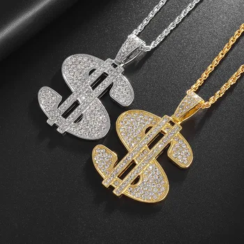 Хип-хоп Рэп Золотого цвета Ожерелье с подвеской в виде доллара США Цепочка Аксессуары Хрустальные ожерелья для женщин и мужчин Bling Jewelry - Изображение 1  