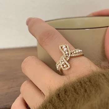 Модные кольца с жемчугом и цирконием для женщин в Корейском стиле, Регулируемое Открывающееся кольцо на палец, подарок для невесты на свадьбу, обручение, ювелирные изделия - Изображение 1  