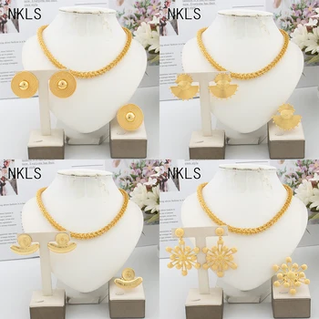 Классический комплект ювелирных изделий Бразильского золотого цвета, Африканское ожерелье, серьги, кольцо для женщин, Роскошные Аксессуары для свадебной вечеринки в Дубае - Изображение 1  