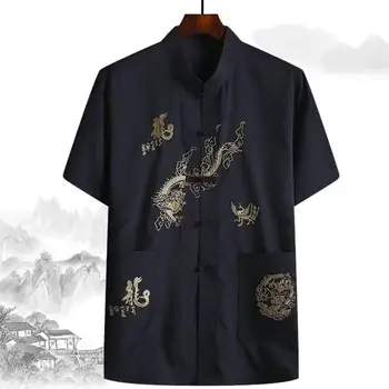Тренировочная рубашка с принтом дракона, мужская традиционная китайская льняная рубашка Танг с застежкой на ручную пластину, восточный дизайн для удобства - Изображение 1  