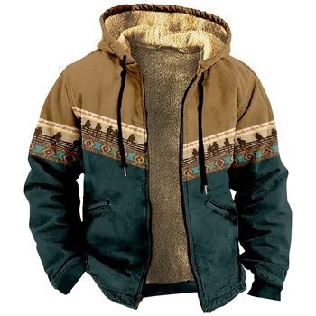 Модная мужская утепленная зимняя куртка с капюшоном на молнии и длинным рукавом, уличное пальто с 3D-принтом - Изображение 1  