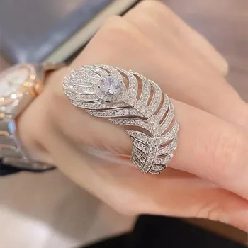 Модное Новое Большое кольцо с пером для женщин, роскошные ювелирные изделия, Открытое коктейльное кольцо с регулируемым кубическим цирконием, подарок на годовщину - Изображение 1  