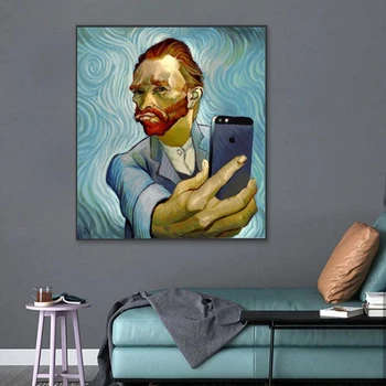 Забавная фигурка Ван Гога, селфи на телефон, абстрактная живопись, портрет Ван Гога, плакаты и принты, настенные панно для домашнего декора - Изображение 1  
