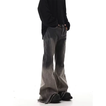 Брюки-клеш, мужские Прямые джинсы в Американском стиле, выстиранные в стиле ретро, Y2K, Корейские Повседневные брюки для хай-стрит, модная Уличная одежда, джинсы полной длины - Изображение 1  