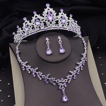 Великолепные наборы свадебных украшений с фиолетовым кристаллом для женщин, Диадемы, Корона, серьги Невесты, ожерелье, Свадебный ювелирный набор, мода - Изображение 1  
