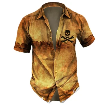 Винтажные мужские рубашки с черепом, уличная рубашка с лацканами Для мужчин, уличный хип-хоп, короткий рукав, 3D топ, летние мужские гавайские рубашки для вечеринок - Изображение 1  