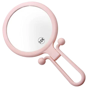 10-кратная ручная лупа, двустороннее складное зеркало для макияжа, портативное ручное зеркало с регулируемой ручкой (розовый) - Изображение 1  