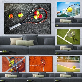 Современная теннисная ракетка и мяч на холсте, настенное искусство, спортивные настенные панно, красно-зеленые плакаты на детской площадке для декора гостиной - Изображение 1  