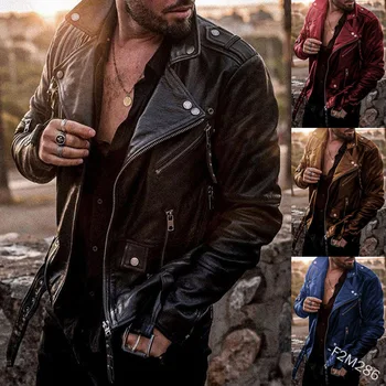Новое мужское кожаное модное облегающее мотоциклетное кожаное пальто в стиле панк с имитацией горловины - Изображение 1  