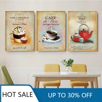 Ретро-плакаты с кофе, чаем, шоколадным тортом, картины на холсте и принты, Настенный художественный плакат, украшение кухни - Изображение 1  