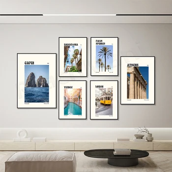 Венеция, Барселона, Лиссабон, Лиссабон, Капри, Афины, Палм-Спрингс Настенное Искусство Туристический Плакат Холст Картина Печать Картины Декор комнаты - Изображение 1  