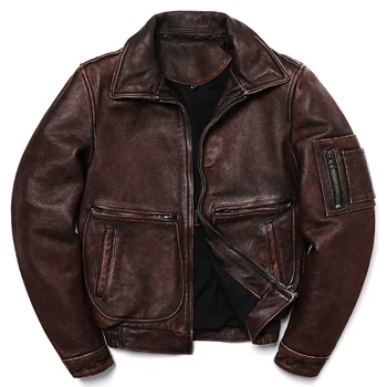 2023 Новая винтажная коричневая куртка из натуральной кожи в стиле ВВС из воловьей кожи, мужская тонкая модная байкерская куртка из летной ткани - Изображение 1  