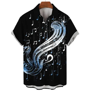 Музыкальная рубашка с 3D принтом для мужчин, футболки с нотным рисунком, уличная одежда большого размера, Летние повседневные гавайские рубашки с короткими рукавами - Изображение 1  