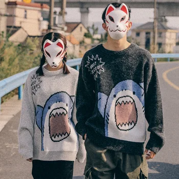 Свитер Ro Couple с мультяшной акулой, повседневный свободный вязаный пуловер в стиле хип-хоп, осенне-зимний свитер оверсайз, топы-пуловеры Унисекс для мужчин - Изображение 1  