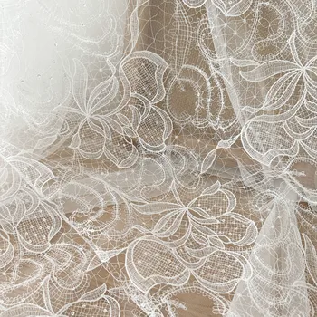 Элегантные цветочные Полые Вышивки, блестки, Кружевная ткань для женского платья белого цвета, 1 метр - Изображение 1  