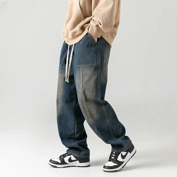 Японские джинсы в стиле ретро, осенне-зимняя прострочка, свободные брюки с завязками, уличная одежда для бега трусцой, мужские джоггеры - Изображение 1  