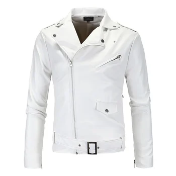 2023 Мужские кожаные куртки, Белые, черные Повседневные лацканы, Приталенная Диагональная молния, Мотоциклетная куртка из искусственной кожи, пальто, Дизайнерская одежда - Изображение 1  
