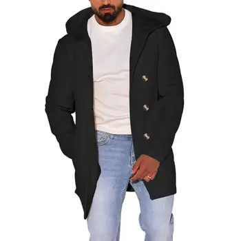 Мужское пальто-кардиган, Толстое Теплое Мужское Двубортное пальто с капюшоном и Карманами, Куртка-кардиган Средней Длины Свободного Кроя на осень - Изображение 1  