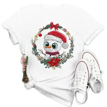 Подарок к рождественским праздникам, женская футболка с короткими рукавами, модная базовая рубашка с рисунком оленя с мультяшным рисунком, одежда Kawaii, размер оверсайз - Изображение 1  