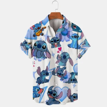Летняя рубашка 2023 Disney trend модный мультфильм interstellar baby Stitch Harajuku топ мужская рубашка с лацканами Disney Гавайские рубашки - Изображение 1  