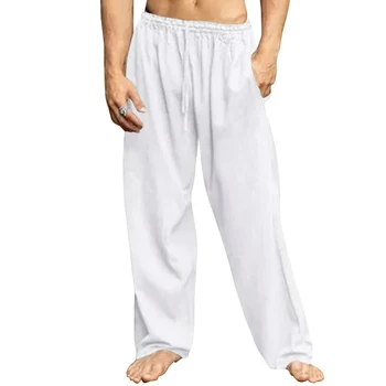 Мужские мешковатые дышащие брюки из хлопка и льна, прямые широкие брюки для занятий спортом, тренажерного зала, йоги, эластичные брюки на шнурке, брючная одежда - Изображение 1  